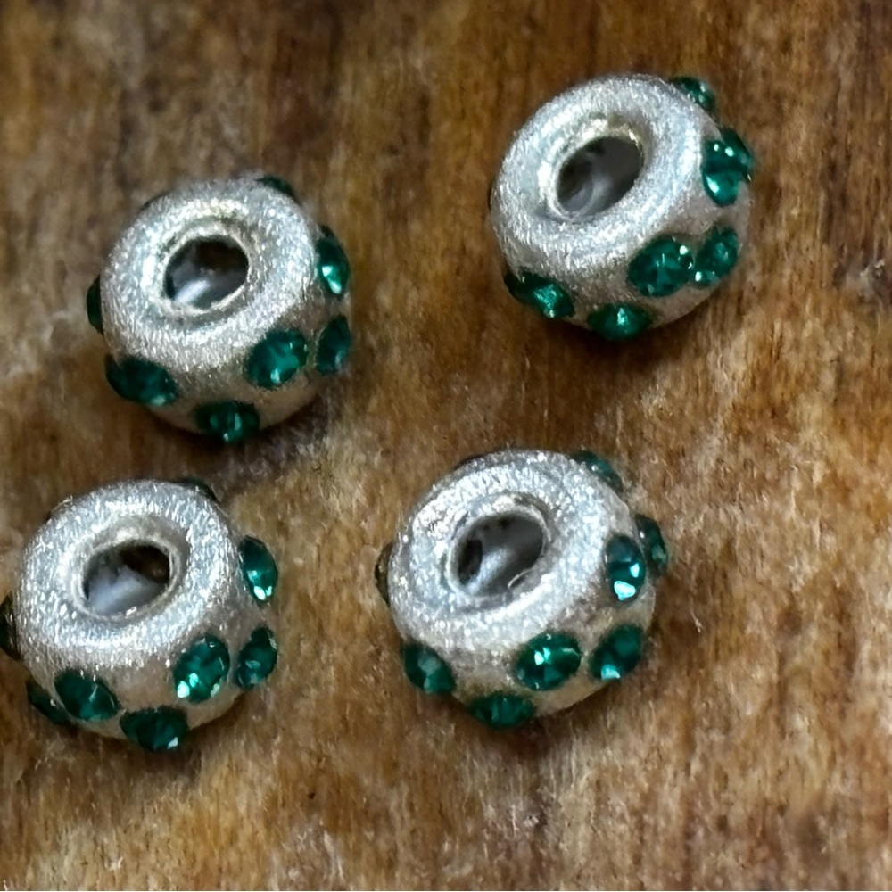 .925 Sterling Silver large-hole barrel beads w-green crystals. 5mm Rondelle